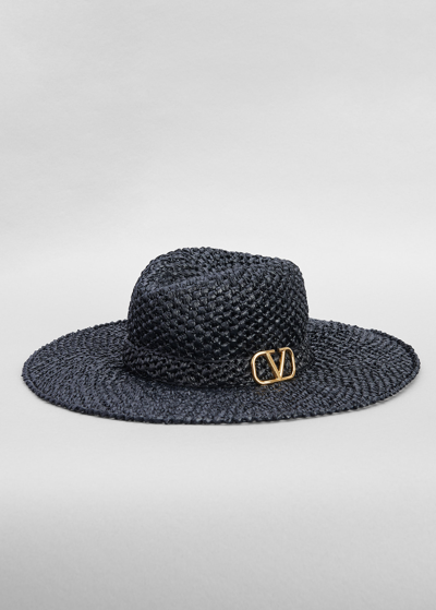 Shop Valentino Vlogo Crochet Straw Fedora Hat In Black