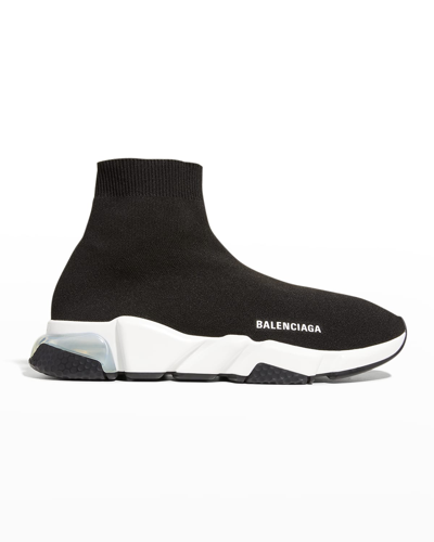 Shop Balenciaga Men's Clear Sole Speed Sock-knit Sneakers In Black/white