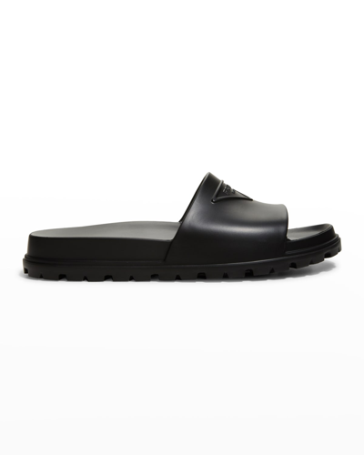 Shop Prada Men's Triangle Logo Rubber Slides In Rosso