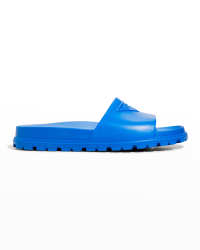 Shop Prada Men's Triangle Logo Rubber Slides In Azzurro