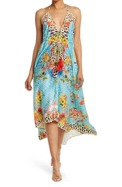 Shop Ranee's Floral Print Halter Cover-up Dress In Blue