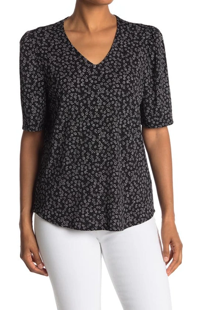 Shop Adrianna Papell Floral Print V-neck Pleated Top In Black Easy Ditsy