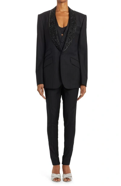 Shop Dolce & Gabbana Beaded Lapel Pinstripe Blazer In Rigato