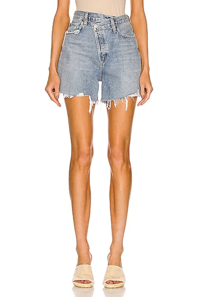Agolde Criss Cross Asymmetric Denim Shorts In Symbol
