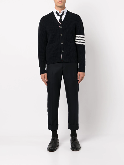 Thom Browne Navy Milano Stitch Merino Wool 4-bar Shawl Collar Cardigan In Blue