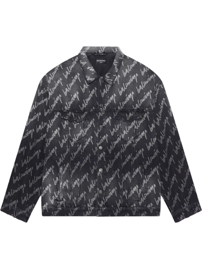 Shop Balenciaga All-over Logo Oversized Denim Jacket In Black