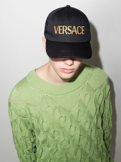 Shop Versace Embroidered-logo Cotton Cap In Schwarz