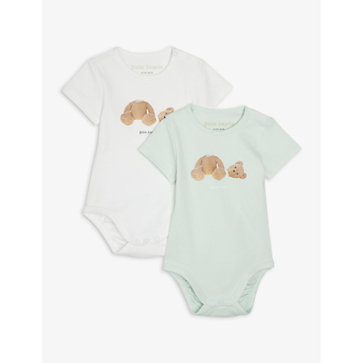 Shop Palm Angels Bear-print Set Of Two Cotton Bodysuits 3-12 Months In Blue