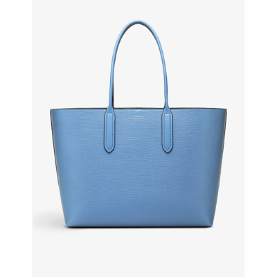 Shop Smythson Women's Nile Blue Panama Cross-grain Leather Tote Bag