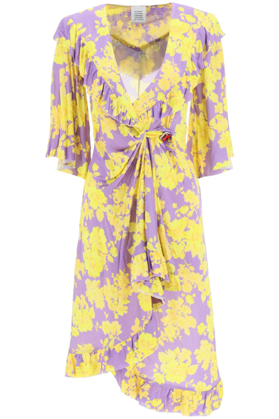 Shop Vetements Viscose Midi Wrap Dress In Purple,yellow