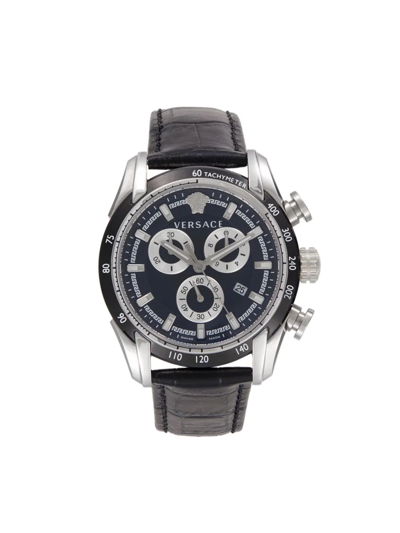 Shop Versace Men's 44mm Stainless Steel & Leather Chronograph Watch In Black