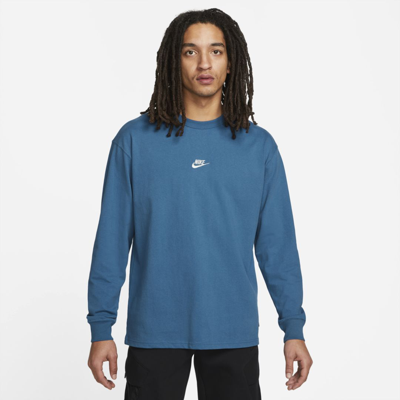 Shop Nike Sportswear Premium Essentials Men's Long-sleeve T-shirt In Dark Marina Blue,light Bone