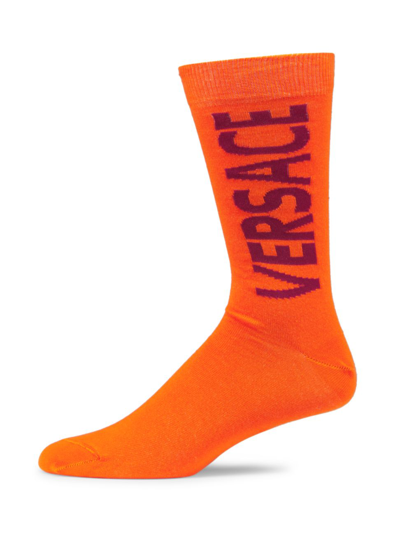 Shop Versace Men's Logo Crew Socks In Orange