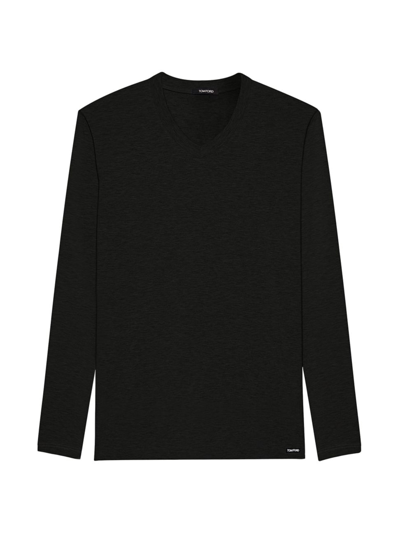 Shop Tom Ford Men's V-neck Long Sleeves T-shirt In Black
