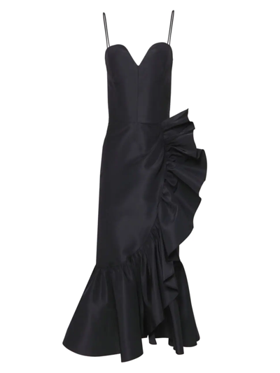 Shop Carolina Herrera Women's Pleated Ruffled-side Midi-dress In Black