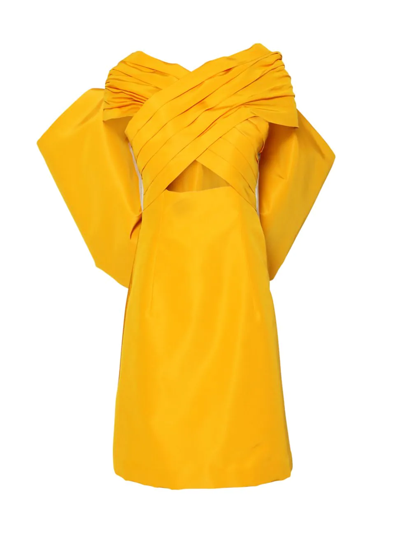 Shop Carolina Herrera Bow-embellished Off-the-shoulder Minidress In Golden Rod