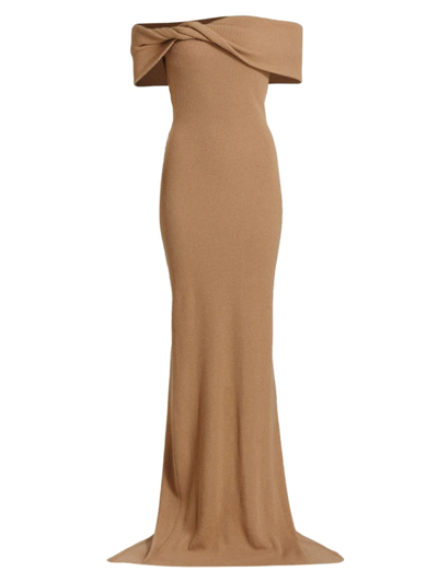 Shop Brandon Maxwell Women's Off-the-shoulder Rib-knit Gown In Camel