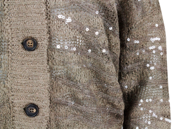 Shop Brunello Cucinelli Cardigan With Animalier Buttons Inlay In Silk, Linen And Hemp In Brown