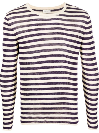 Shop Saint Laurent Striped Ribbed-knit Jumper In Purple