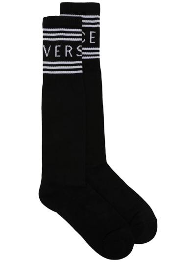 Shop Versace Striped Logo-print Socks In Black