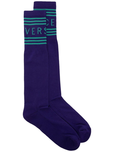 Shop Versace Striped Logo-print Socks In Purple