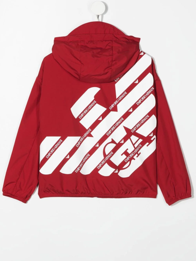 Shop Emporio Armani Teen Logo Print Zip Hooded Jacket In Red