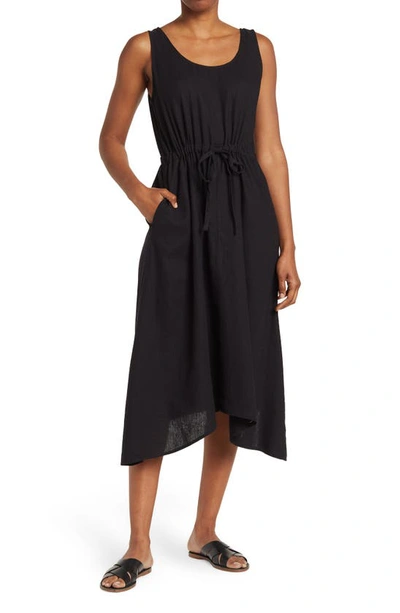 Shop Nordstrom Rack Drawstring Waist Linen Blend Midi Dress In Black