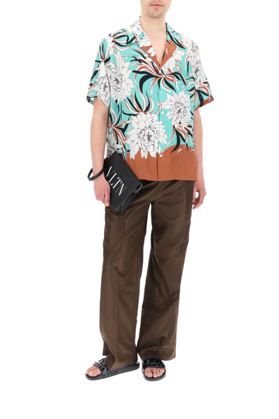Shop Valentino Bowling Shirt With Street Flowers Couture Peonies Print In Brown,white,light Blue