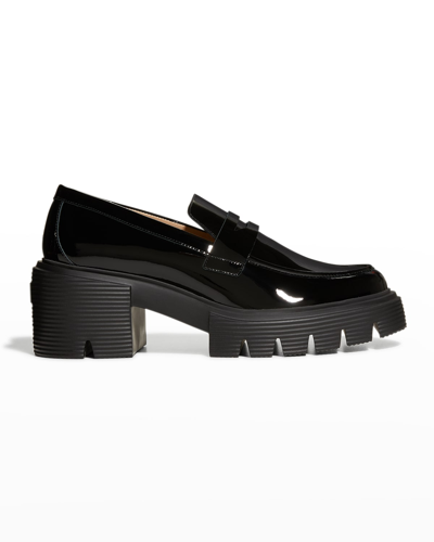 Shop Stuart Weitzman Soho Patent Lug-sole Penny Loafers In Black