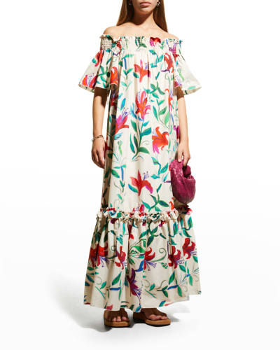 Shop La Doublej Capalbio Floral-print Off-the-shoulder Maxi Dress In White Lily