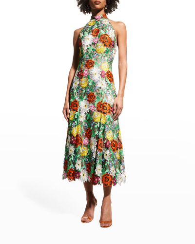 Shop Milly Penelope Floral-embroidered Halter Dress In Multi