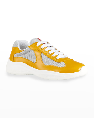Shop Prada Men's America's Cup Patent Leather Patchwork Sneakers In Gold / Gray