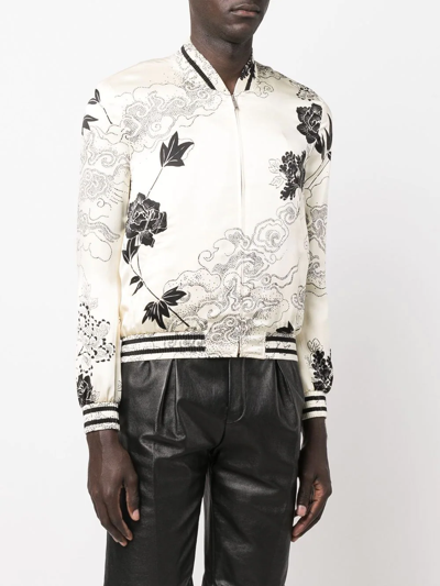 Saint Laurent Floral Printed Long-sleeved Bomber Jacket In Gesso 