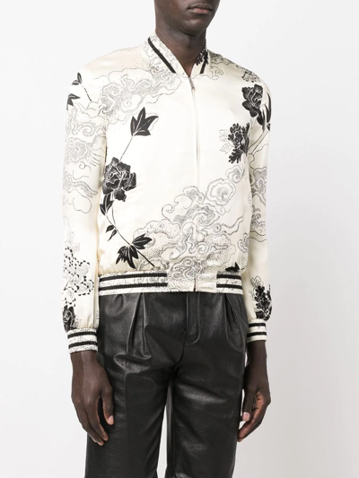 Shop Saint Laurent Floral-print Bomber Jacket In Neutrals