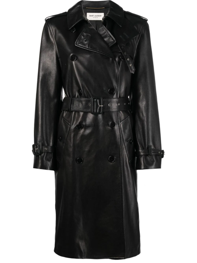 Shop Saint Laurent Double-breasted Leather Trench Coat In Black