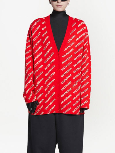 Shop Balenciaga Mini All-over Logo Cardigan In Red