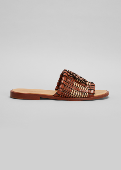 Shop Loewe Woven Anagram Flat Slide Sandals In Tan