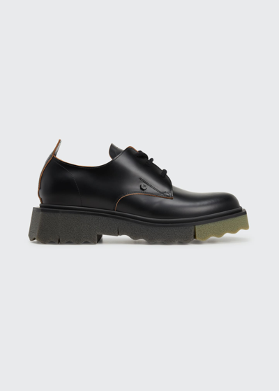 Shop Off-white Men's Sponge-sole Leather Derby Shoes In Black/ Khaki