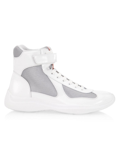 Shop Prada Men's America's Cup High-top Patent Leather Sneakers In Bianco Argento