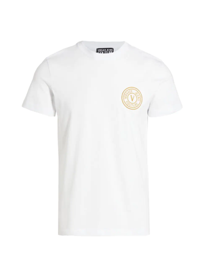 Shop Versace Jeans Couture Men's Embroidered Emblem Logo Tee In White Gold