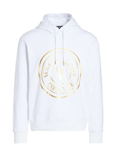 Shop Versace Jeans Couture Men's Metallic Emblem Hoodie In White Gold