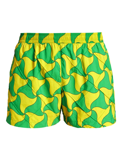 Shop Bottega Veneta Men's Wavy-print Boxer Swim Trunks In Parakeet Kiwi