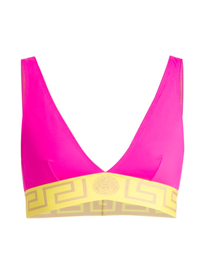 Shop Versace Women's Greca Border Bikini Top In Fuxia Yellow