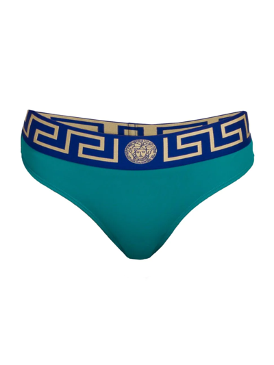 Shop Versace Greca Bikini Bottom In Emerald Bluette