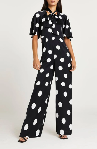 River island black spot wide leg jumpsuit online