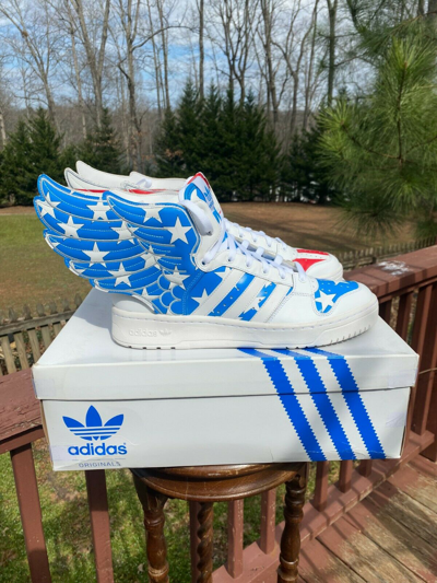 Pre-owned Adidas Originals Us Men Size 11 Adidas Jeremy Scott Wings 2.0 Usa  Flag Stars N Stripes V24619 In White Red And Blue | ModeSens