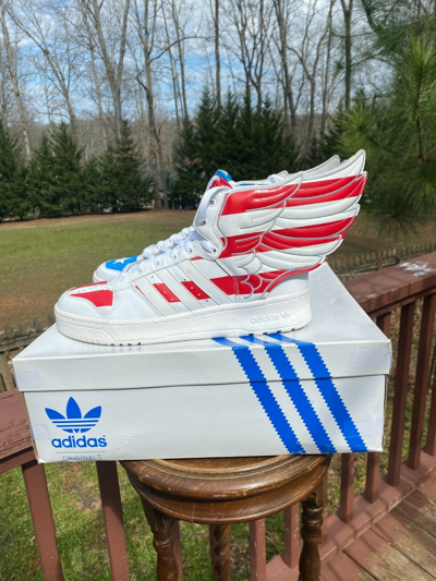 Pre-owned Adidas Originals Us Men Size 11 Adidas Jeremy Scott Wings 2.0 Usa  Flag Stars N Stripes V24619 In White Red And Blue | ModeSens