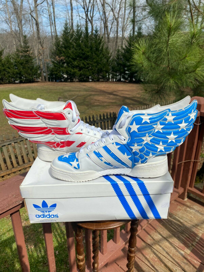 Pre owned Adidas Originals Us Men Size 11 Adidas Jeremy Scott Wings 2.0 Usa Flag Stars N Stripes V24619 In White Red And Blue ModeSens