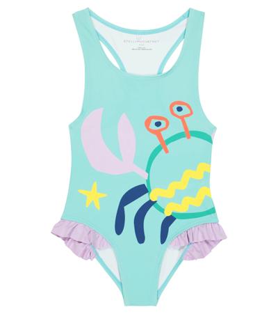 Shop Stella Mccartney Ruffle Trimmed Printed Swimsuit In Celeste/multicolor