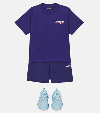 Shop Balenciaga Logo Cotton Shorts In Pacific Blue/wt